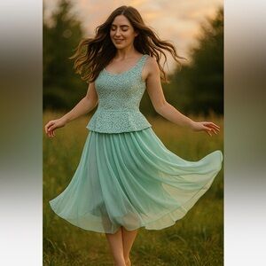 ALEX EVENINGS |  Light Green Lace Two Piece Set Dress